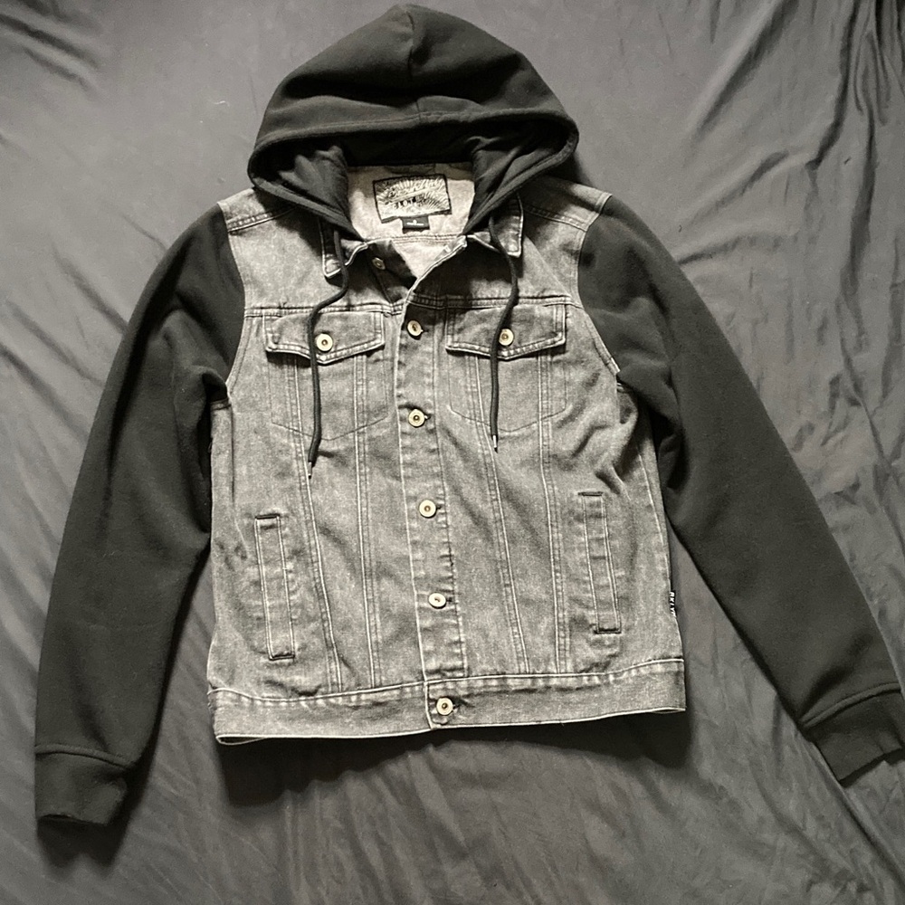 Brooklyn Cloth Grey Denim Jacket Black Hoodie Sleeves Adjustable Waist Size S